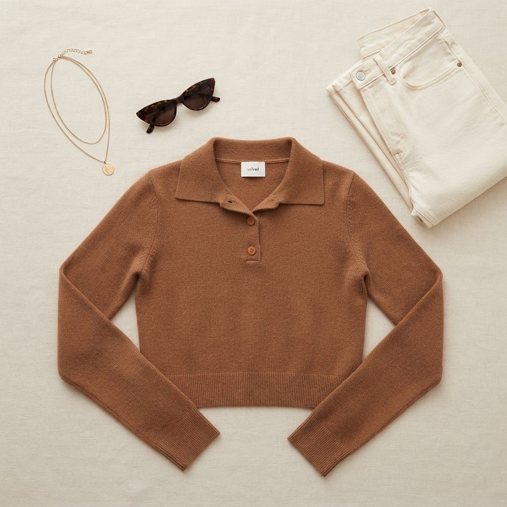 Wilfred Cashmere Polo Sweater Women S Brown Cropped Long Sleeve Knit Preppy Luxe